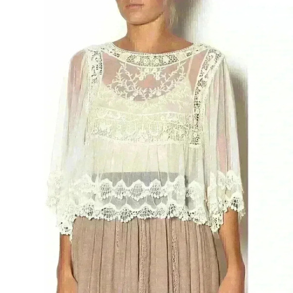 NEW NWT Double Zero Mesh Boho Top Romance Blouse, Size Small, Ivory - Picture 1 of 9